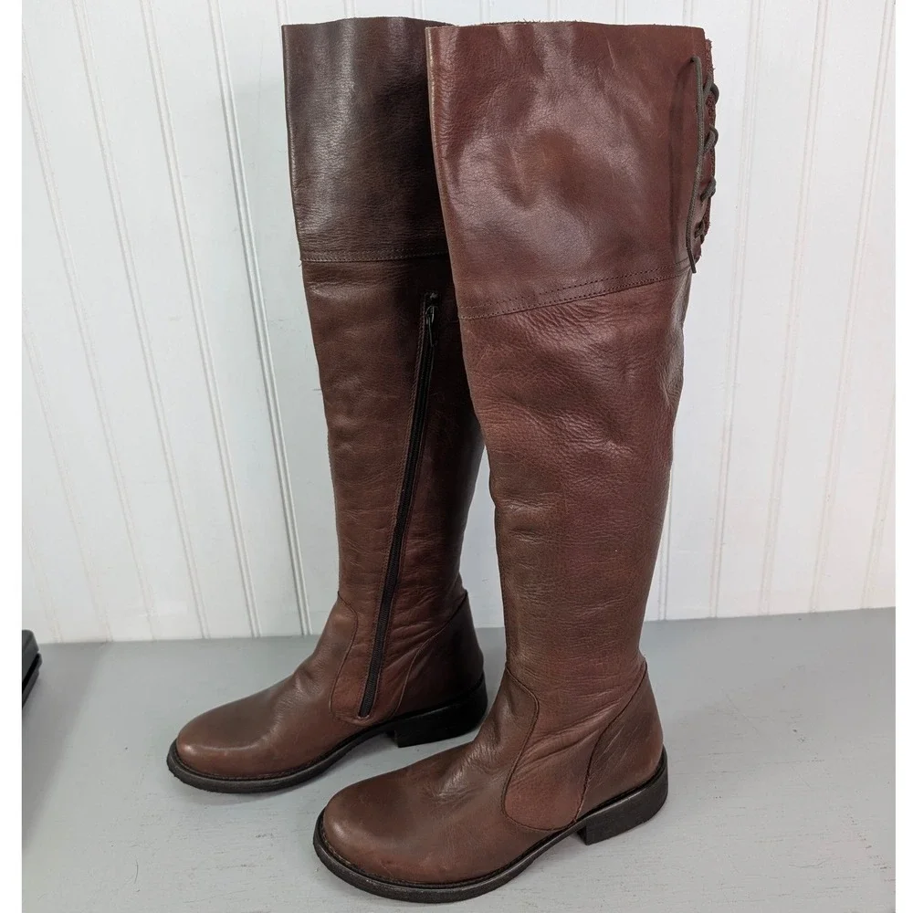 Steve Madden Omegaa Knee High Leather Boots‎ Womens Sz 8 Brown Lace Up Back Boho